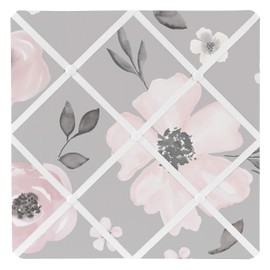 Sweet Jojo Designs Grey Watercolor Floral Fabric Memory Memo Photo Bulletin Board - Blush Pink Gray and White Shabby Chic Rose Flower Farmhouse