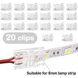 RUNCCI-YUN LED Strip Connector 2-Pin 8 mm, LED Solderless Strip Connector, 2 Pin Connection Cable Connector, for SMD 5050/3528 Plain LED Strips 5 V 12 V 24 V (Transparent) Pack of 20