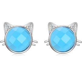 Silver Stud Earrings for Women Girls, S925 Sterling Silver Cute Cat Ear Birthstone Stud Earrings | Lovely Aquamarine Crystal CZ Cubic Zirconia Studs Jewellery Gift for Pet Lovers Teens Kids