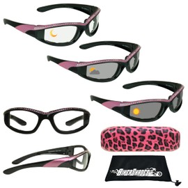 Bikershades Motorcycle Transitional Riding Glasses Womens Pink Frame Rhinestones Day Night Light Adjusting Photochromic