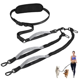 Tivray Hands Free Dog Leash, Waist Leash for 2 Dogs, Adjustable Double Hands Free Lead with Detachable Waist Belt, Padded Handles, Shock Absorbing Bungee for Walking Jogging Hiking, Black+Gray