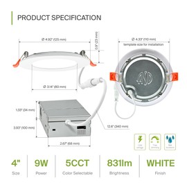 ASD 6 Pack LED Recessed Lighting 4 Inch 9W, 5 CCT 2700K-5000K CRI90+, IC Rated Ultra Thin Dimmable Ceiling Lights with J Box, Canless Wafer Downlight, Round Slim Panel Light, Energy Star ETL, White