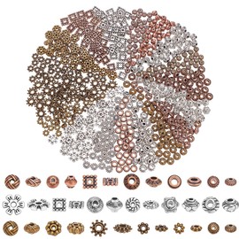 CRAFTYMELODY 540Pcs Spacer Beads 18 Styles Alloy Tibetan Loose Beads Flower Flat Round Bicone Rondelle Square Beads for Bracelet Necklace Earring Jewelry Making Accessories Supplies