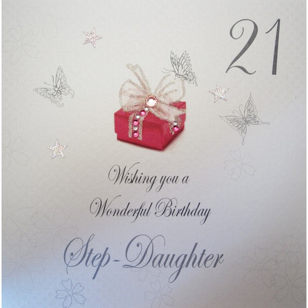 white cotton cards bdp21-SD Red Present, Wishing you a Wonderful Birthday Step-Daughter Handmade 21st Birthday Card, White by WHITE COTTON CARDS