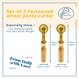 La Gondola Set of 2 Homemade Pasta Cutters - 2 Festooned Wheels | Pasta Making Tools for Home & Business | Brass & Natural Wood | Safe & Easy to Use Pasta Cutting Tools | Ravioli Cutters Made in Italy