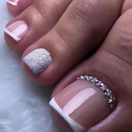 24pcs Stick On Toenails - White French Tip Toe Nails - Glitter False Toe Nails With Rhinestone - Short Square Press On Toesnails - Acrylic Full Cover Fake Toenails With Glue For Nail Decoration