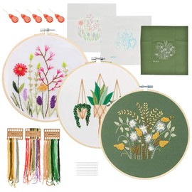 Embroidery Starter Kit with Pattern, 3 Pack Cross Stitch Kits with 3 Patterns, Embroidery Kit for Beginners Adults with Embroidery Hoops, Embroidery Needles, Color Threads and Tools
