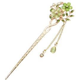 Miaomyao Hair Ornament, Kimono, Chisel Clips, Antique Cubic Zirconia, Pair, Couple, Flower, Cherry Blossom, Motif, Pink Gold, Hair Accessory (Green)