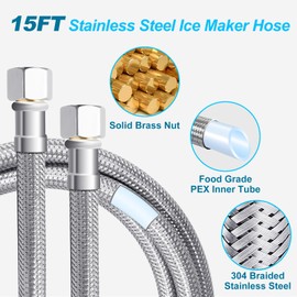 Refrigerator Water Line Kit - 15FT Stainless Steel Braided Ice Maker Water Line with Brass Ball Valve,Foodgrade PEX Inner Hose Fridge Water Line with 1/4" Comp Fitting and 1/4" Comp Valve