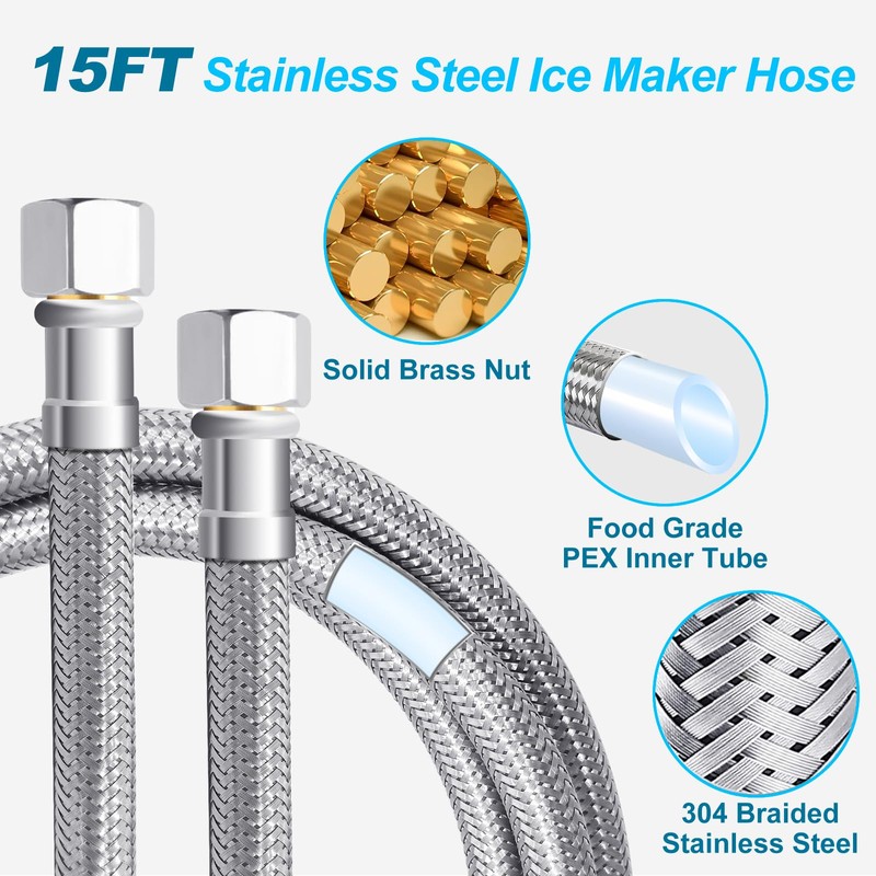 Refrigerator Water Line Kit - 15FT Stainless Steel Braided Ice