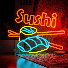 Dimmable Sushi Neon Sign 16.5 * 12.6 Inch LED Sushi Light Up Sign For Wall Decor USB Powered Japanese Neon Light for Sushi Shop Restaurant Home Kitchen Party （Yellow Ice Blue Orange）