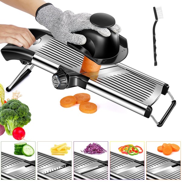 MadebyGNL Mandoline Slicer for Kitchen, Adjustable Stainless Steel Vegetable Cutter,Vegetable Chopper for Potato, Tomato, Veggie Salad and Onion, French Fry Cutter with Cut-Resistant Gloves