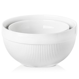 TEAKISS Ceramic Large Mixing Bowls for Kitchen, Set of 2 Big Serving Bowls for Cooking, Popcorn, Salad, Soup, Baking, Dough Bread Making Bowl, 10 inch + 8 inch, White