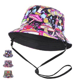 GLGHMH Unisex Reversible Bucket Hat with String, Double-Side Cotton Trendy Summer Fisherman Hat, Travel Sun Fisherman Bucket Hats for Women Men Boy Girl (Mushrooms-Colored)