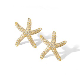 KINIVA Gold Starfish Stud Earrings with CZ,Sea Shell Earrings for Women,Chunky Gold Earrings for Beach Ocean Jewelry (253 CZ Starfish)