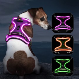Light Up Dog Harness No Pull LED Dog Harness with Handle Vizbrite Rechargeable Lighted Dog Vest Harness for Small/Medium/Large/X-Large Size Dogs No Pull, 4 Point Adjustable Dog Harness