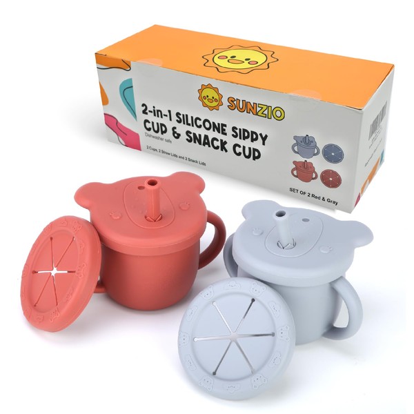 SUNZIO 2-in-1 Silicone Baby Cups with Straw & Snack Cup