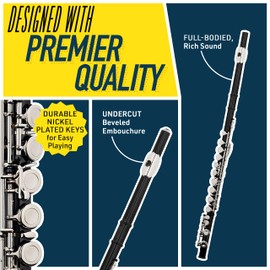 Mendini By Cecilio Flute, 16 Keys C Flute Instrument Closed Hole For Beginners with Carrying Case, Cork Grease, Stand, Lesson Book, Cleaning Kit, Gloves (Silver)