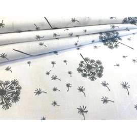PINaPIN Cotton Fabric, 100% Cotton Fabric, Sold by the Metre, for Sewing Bedding, Decorations, Protective Masks, Tablecloths, 160 cm (Grey Dandelions on White Background)