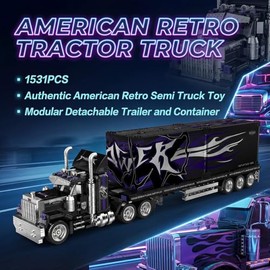 American Retro Tractor Truck Building Set, 10-Wheels Modular Detachable Semi Truck Toy for Adults and Car Enthusiasts, Car Model Kit Display Gift 1531pcs