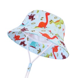 LANGZHEN Sun Protection Hat for Kids Toddler Boys Girls Wide Brim Summer Play Hat Cotton Baby Bucket Hat with Chin Strap, Colorful Dinosaurs, 2-4T