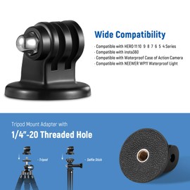 NEEWER Tripod Mount Adapter Compatible with GoPro Hero 11 10 9 8 7 6 5 4 Max Fusion Insta360 AKASO Osmo Action/Action 2, 2 Pcs 1/4”Camera Mount Adapter with Thumbscrew for Action Camera Tripod Monopod