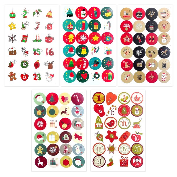 Christmas Advent Calendar Stickers, 5 Sheets 1-24 Advent Calendar Number