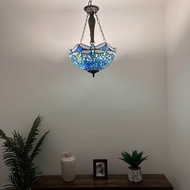 enjoy decor lamps Tiffany Pendant Lights Ceiling Lights Blue Stained Glass Dragonfly LED Bulbs Included for Dining Room Living Room Bedroom 16" W*16" D*60" H