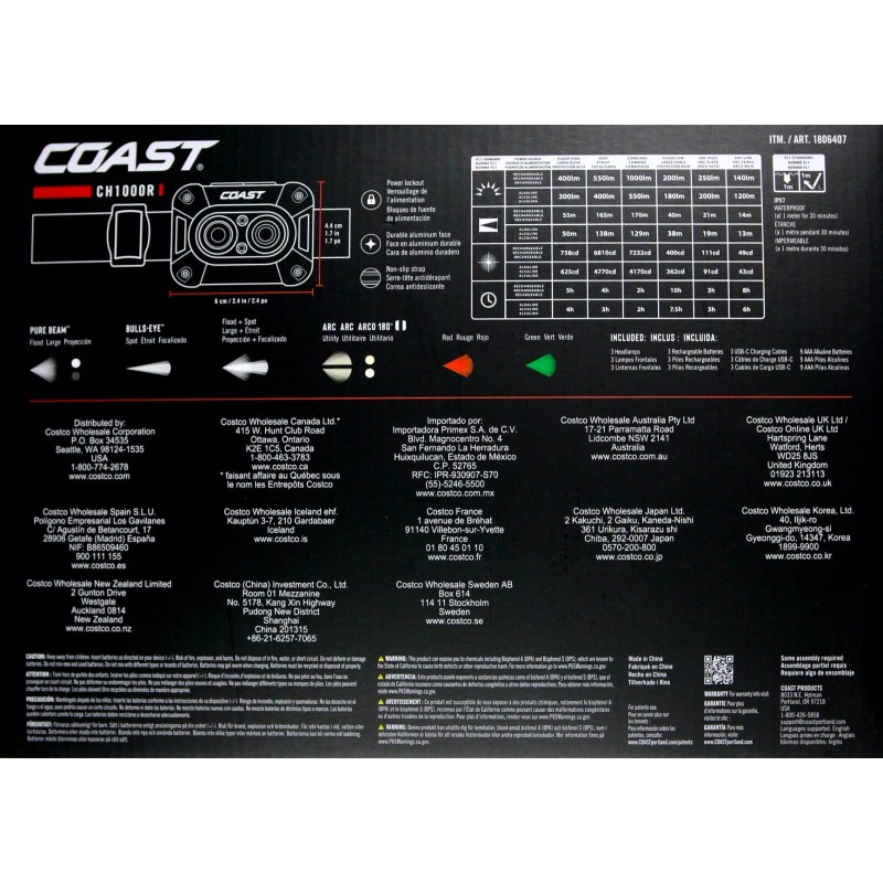 Coast CH1000R 1000-Lumen Headlamp 3-Pack – Rechargeable Dual Power IPX7