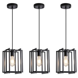 Dijiahua Black Plug in Pendant Lights Kitchen Island, Small Industrial 1-Light Chandelier with Metal Cage Shade, Adjustable Cord with On/Off Switch,Mini Hanging Lamp Fixtures for Bedroom(1 Pack)