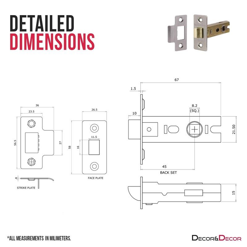 Decoranddecor 2.5 Inch Tubular Mortice Latch for Internal Doors, Fire
