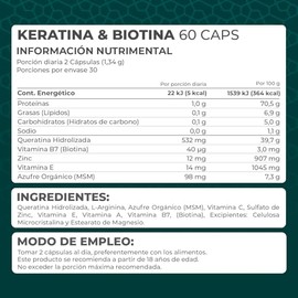 PRONAT | Keratina & Biotina 60 Cápsulas | Suplemento Alimenticio Fórmula con Queratina, MSM, Zinc y Complejo de Vitaminas A, E y B7