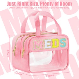 BuyCard Chenille Letter Clear Makeup Bags for Travel, Preppy Patch Nylon & PVC Cosmetic Bag with Handles and Zipper, Waterproof Large Clear Travel Toiletry Bag Storage Bag for Women Girls, Pink-MEDS