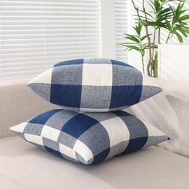 CARRIE HOME Navy Blue and White 20x20 Outdoor Throw Pillow Covers Set of 2 Buffalo Plaid Farmhouse Pillow Covers 20 x 20 Inches, Boho Plaid Decor for Outdoor Patio and Yard