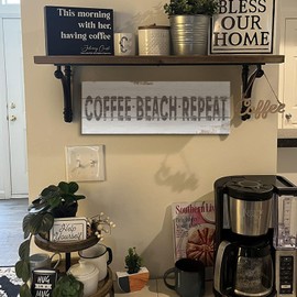 Retro Coffee Beach Repeat Sign Shabby Chic Coastal Bar Decor Inspirational Words Prints on Wood Grain Canvas Country Seaside Coffee Shop Pub Store Decoration Summer Beach House Supplies 6x17inch