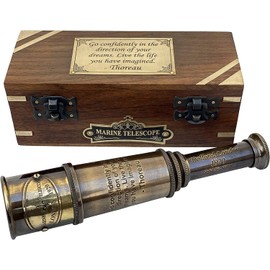 Thoreau's Go Confidently Quote Engraved Brass Telescope with Wooden Box, Graduation Day Gifts, Boys Gifts