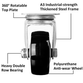 Finnhomy 3 Inch Swivel Casters Wheels Set of 4 Heavy Duty Plate Casters Premium Polyurethane PU Wheels for Furniture/Workbench Load Bearing 2,200 Lbs Anti-wear Smooth Casters Black (Free Screws)