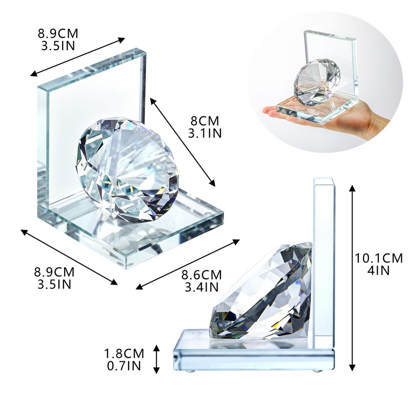 1 Pair Crystal Bookends with 80mm Clear Diamond, L Shaped