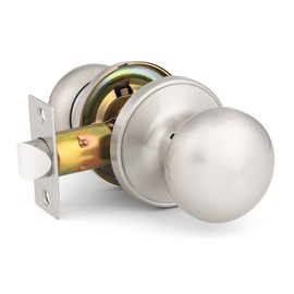 GOBEKOR 1 Pack Satin Nickel Door Knob Interior, Passage Door Knob Handles Non-Locking, Flat Ball Knob Closet/Hall Doorknob Keyless, Stainless Steel Door Handle Lock, Reversible for Right or Left