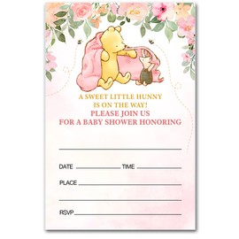 brayqu Winnie the Pooh Baby Shower Party Invitations Pink a Sweet Little Hunny Theme Girl Baby Shower Party Invites (20 Cards with Envelopes)