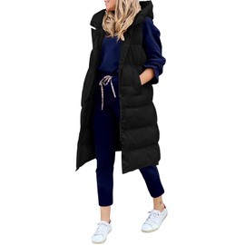 LEANI Womens Long Puffer Vest Full-Zip Hooded Sleeveless Jacket Coats with Pockets Black Medium