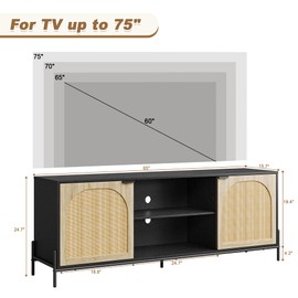 GarveeHome Rattan TV Stand for 75 Inch TV, TV Console with Adjustable Shelf, Entertainment Center with Storage, Mid Century Modern TV Stand for Living Room, Bedroom