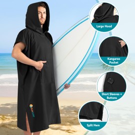 SUN CUBE Surf Poncho Changing Robe with Hood, Quick Dry Microfiber Wetsuit Changing Towel for Surfing Beach Swim Outdoor Sports Men, Absorbent Wearable Towel Cover Up with Pocket, Black