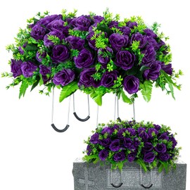 Artificial Cemetery Flowers Saddle for Headstone, Memorial Grave Flowers for Cemetery Outdoor Gravesite Tombstone Headstone Decorations (Purple)