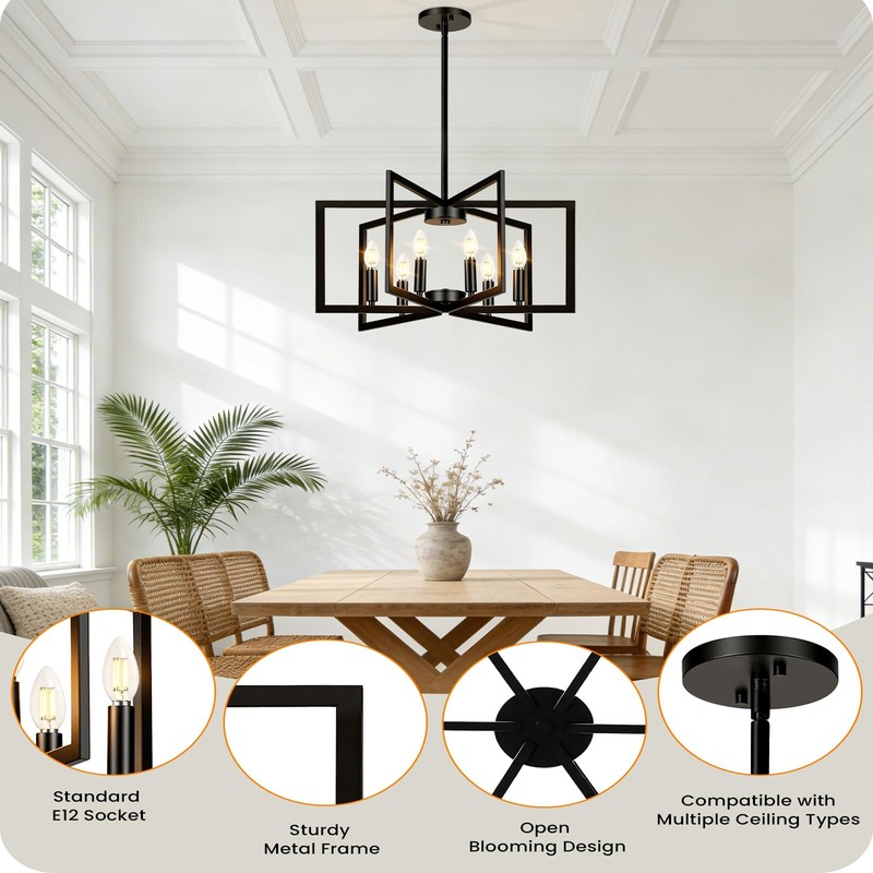 GOEBLESON 26" Black Chandelier for Dining Room, 6-Light Dining Room