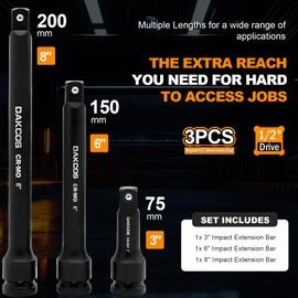 DAKCOS 3 Pieces 1/2-Inch Drive Impact Extension Bar Set Includes 3 6 8 Inch Socket Extensions, Heat Treated CR-MO Steel with Black Manganese Phosphate Finish