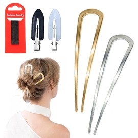 SHENSAIGO 2 PCS Metal French Hair Pins, 14CM U Shaped Hair Pins, French Twist Hair Pin with 2 No Bend Hair Clips and 10 Bobby Pins, Large French Pin for Thick Hair Women Girls Hairstyle (Gold Silver)
