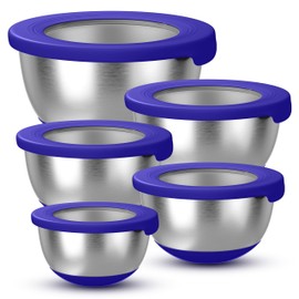KITEISCAT Stainless Steel Mixing Bowls with Airtight Lids Set of 5, Nesting Mixing Bowls for Kitchen, Blue, Dishwasher Safe, Non-Slip, Multi-Purpose for Cooking, Baking, Prepping & Food Storage