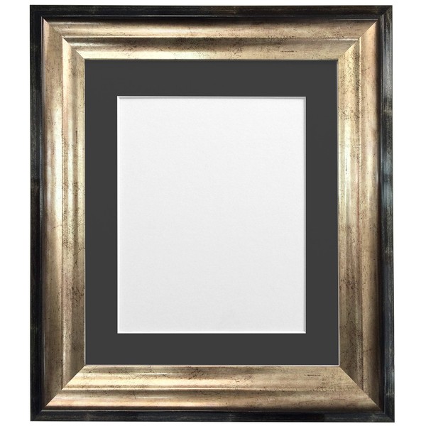 FRAMES BY POST Firenza Antique Distressed Black and Gold Picture Photo Frame Plastic Glass with Black Mount 14\"x11\" for Picture Size A4