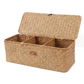 Moosky Wicker Shelf Baskets with Lid,Rectangular Seagrass Woven Storage Baskets with Dividers for Bathroom Organizer Small Bins Home Decor (Natural)